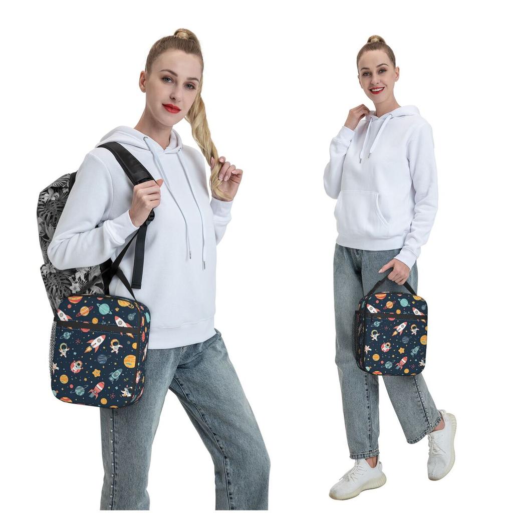 Cartoon Astronauts Riding Rocket Pattern Insulated Lunch Bag for Women Kids Leakproof Food Boxes Thermal Lunch Box Tote