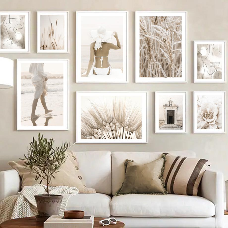 

Плакат на скандинавскую тему, пляжная прогулка, девушка, одуванчик, тростниковый цветок, абстрактные линии, настенные художественные принты, картина на холсте, Декор, картинки для гостиной