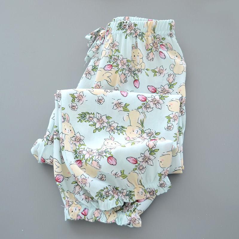 Sommer Mädchen Baumwolle und Seide Mückensichere Hose Dünn und Vielseitig Kinder Blumen Laternenhose Kunstbaumwolle Freizeithose