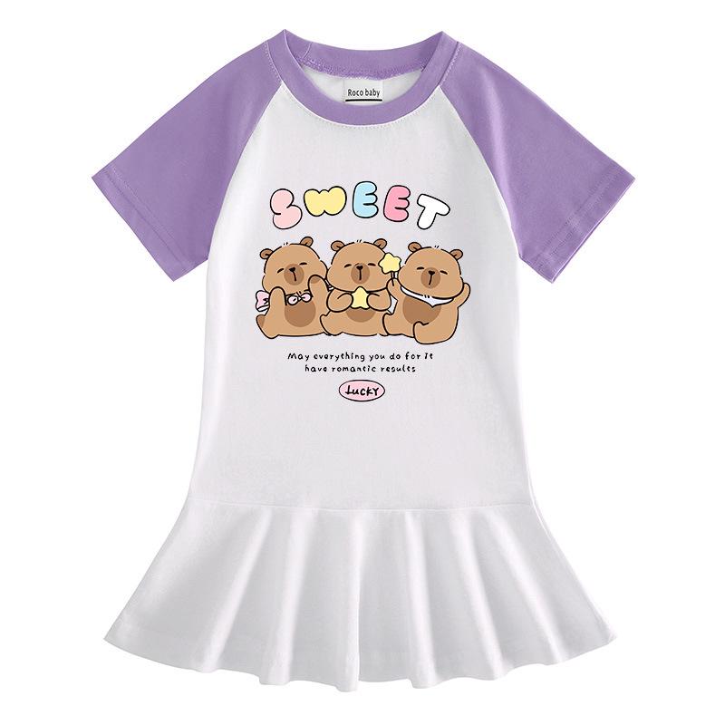 Sommer Cartoon Raglan Colorblock Kleid: Süßes Mädchen-Kleid mit Faltenrock und Rüschen