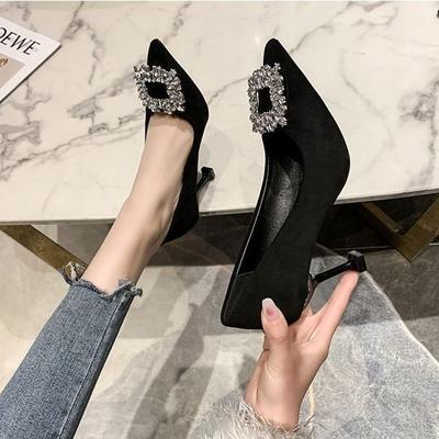 Suede Fashion Square Diamond Heightening Daily Pointed Shoes High Heels Annual Skirt with Single European and American Style Stiletto