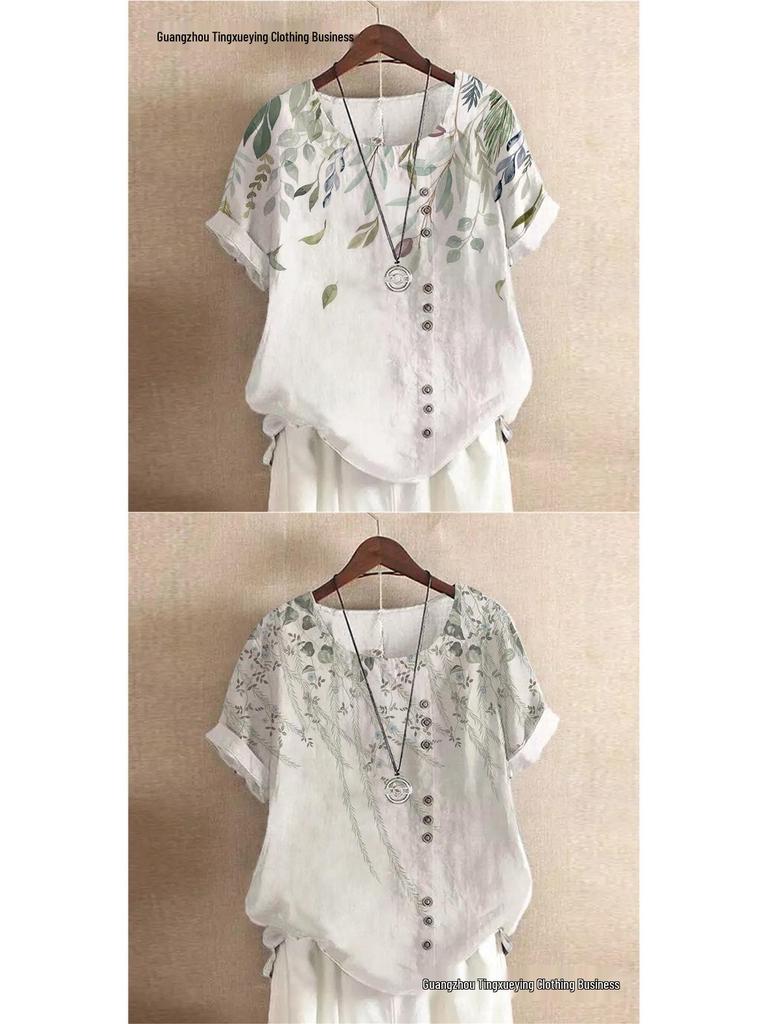 Women's Summer Retro Print Loose Cotton-Linen Short Sleeve Casual T-Shirt