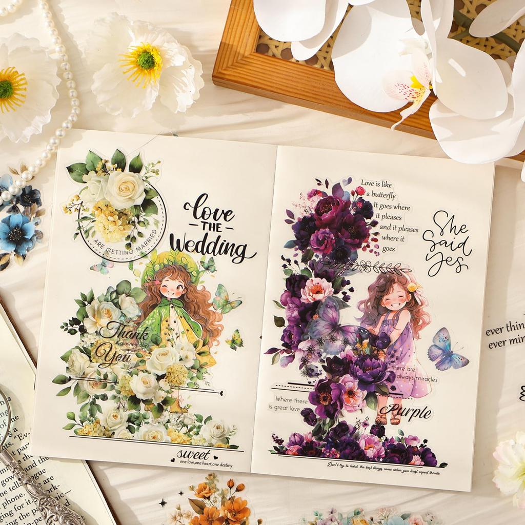 Kigofora Collage Material Flower Set of 90 PET Transparent Flake Watercolor for Diary and Gift Wrapping 6, Sheets, Stickers, Style, Stylish,