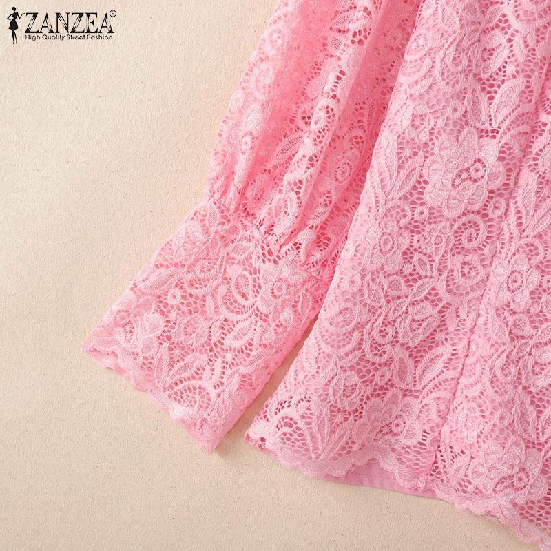 ZANZEA Womens Casual Hollow Out Lace Patchwork Loose Long Sleeve Blouse