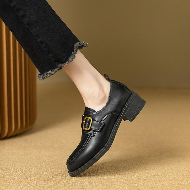 

British Style Thick Heel Shoes Spring Autumn Belt Buckle Single Shoes Female Comfortable Round Head Non-slip Slip on Loafers 35 чёрный