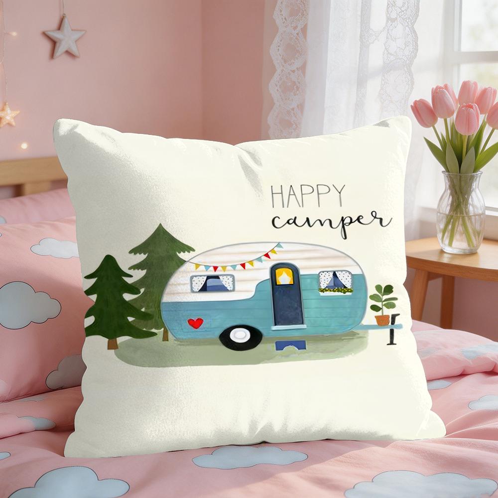 Happy Camping RV Camper Car Cushion Cover Square Short Plush Pillow Case Living Room Sofa Home Decor Funda X