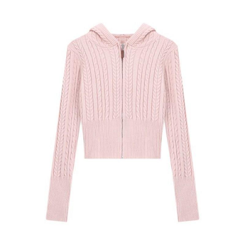 Womens Soft Cable Knit Hooded Zip-Up Cardigan Short Cropped Sweater Korean Style Casual Winter
