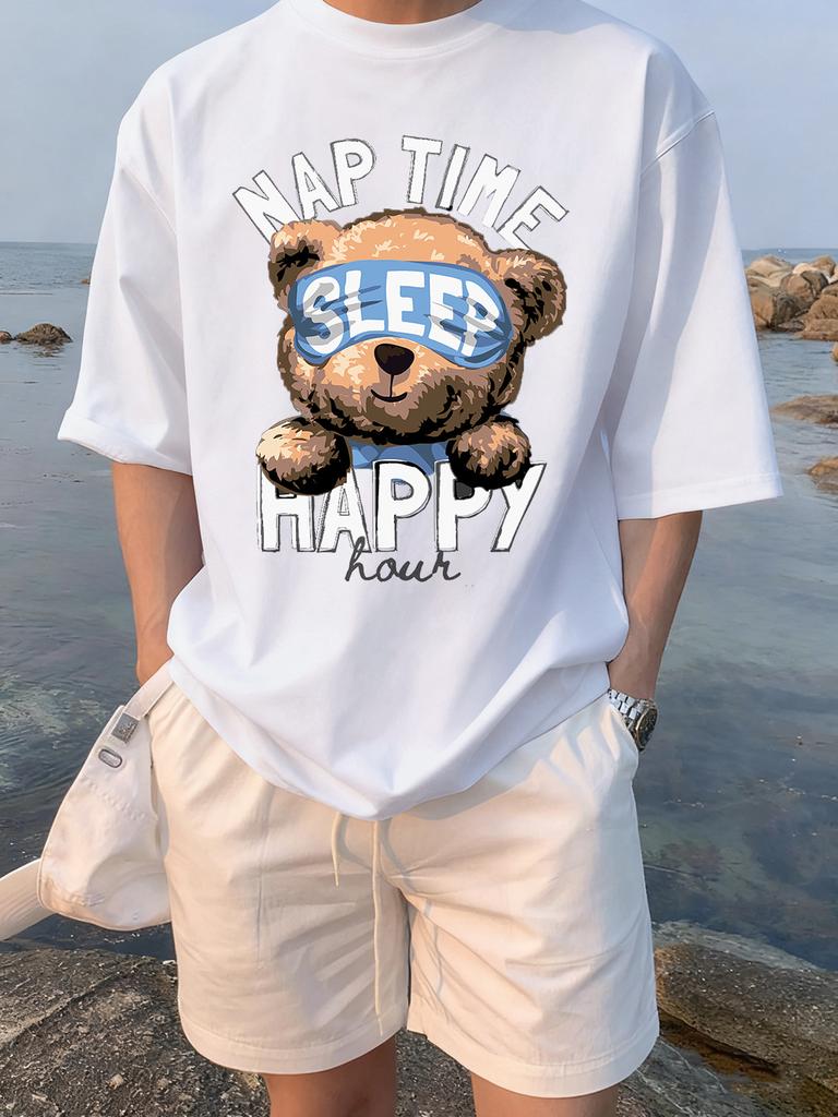 Cartoon Bear Nap Time Happy Prints TShirts Womens Cotton Summer Short Sleeve Tees Soft Loose ONeck Tops Casual Womans Clothes