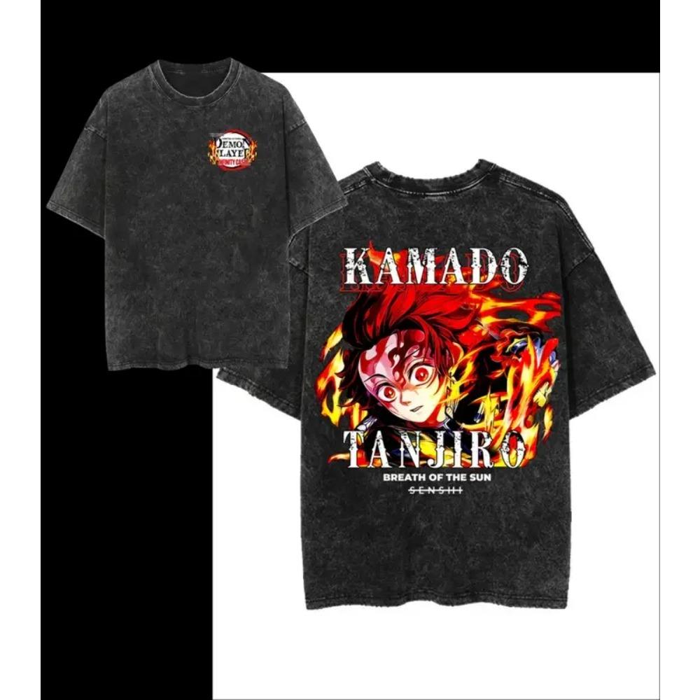 

Tanjirou Print T-shirt Anime Demon Slayer Clothing Men Women Short Sleeve Tshirts Retro Washed T Shirt Harajuku Male Cotton Tops XXL чёрный