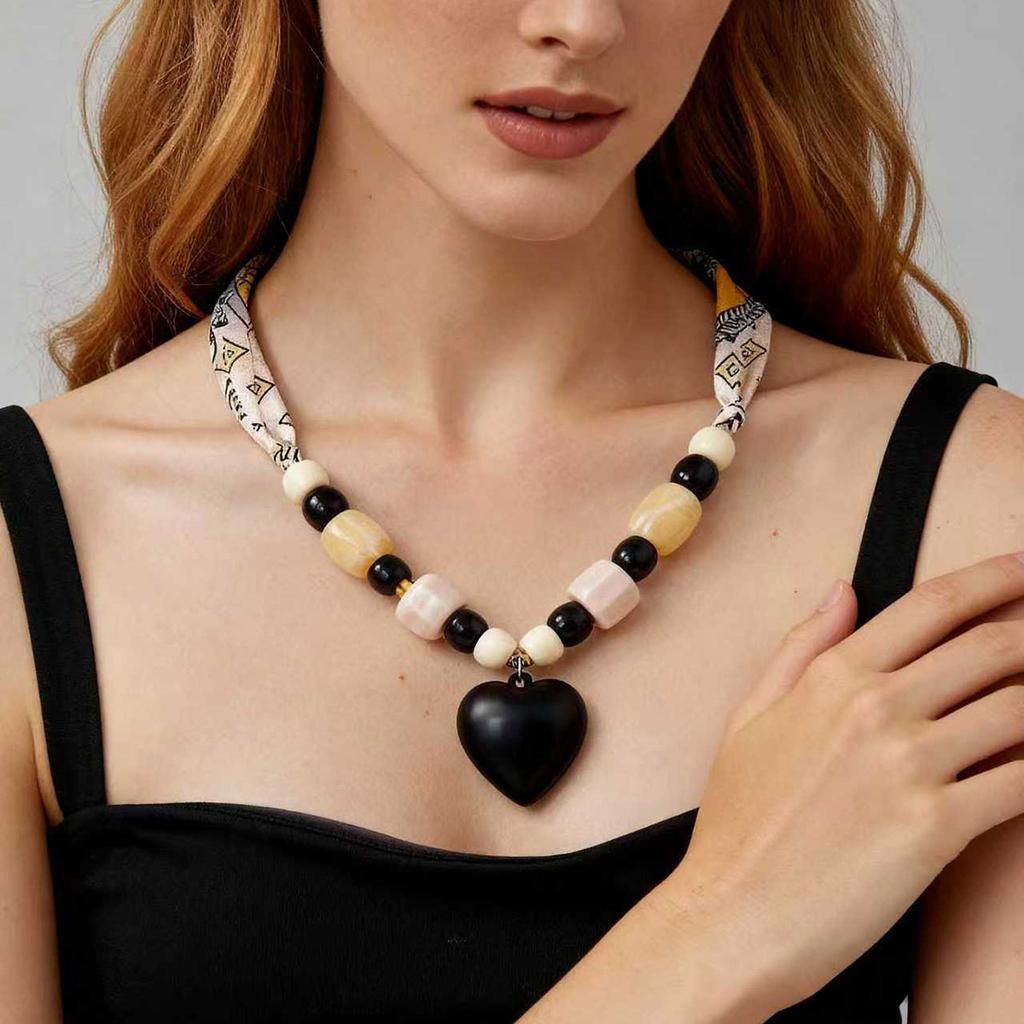 European and American Simple Fashion Silk Scarf Beaded Exaggerated Love Pendant Necklace Is Versatile for Daily Wear of Women's Necklaces