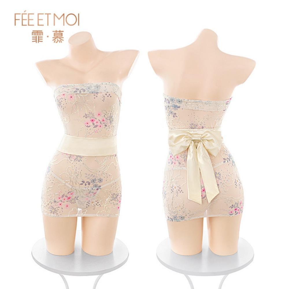 Duofu + Tube Top Embroidery Print Perspective Japanese Kimono Set, Erotic Underwear, Sexy Hip Wrap Uniform
