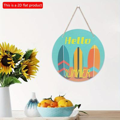 2D plochá 20*20cm 1ks Hello Summer Kreslený vzor surfového prkna Dřevěná závěsná dekorace, Plážová oceánská surfařská tématika Úžasná kulatá ozdoba, Vhodná pro letovisko