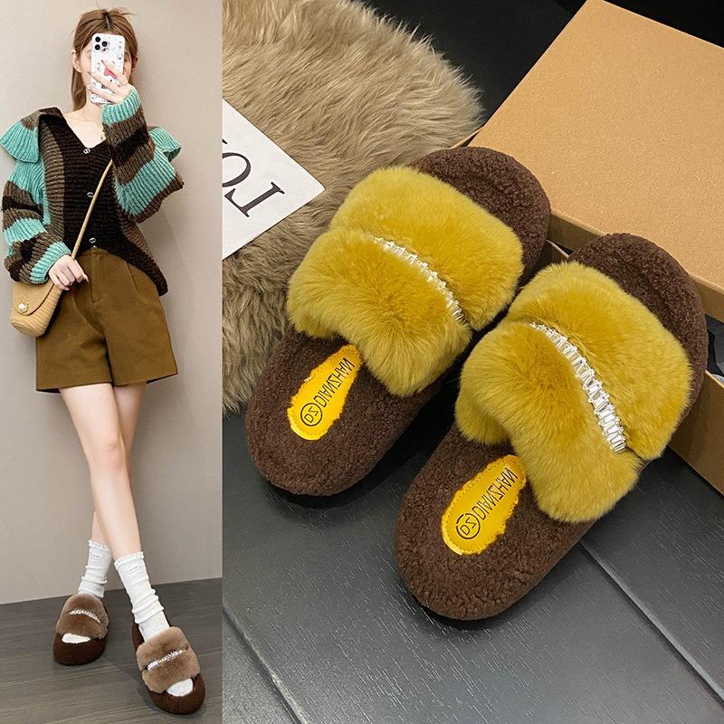 Thick-soled rhinestone fluffy slippers for women wearing new small trendy cotton slippers heightening shoes