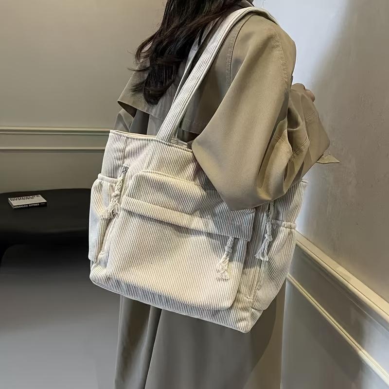 Vintage Corduroy Handbag | Multi-Pocket | Crossbody Bag | Casual & Travel | Beige