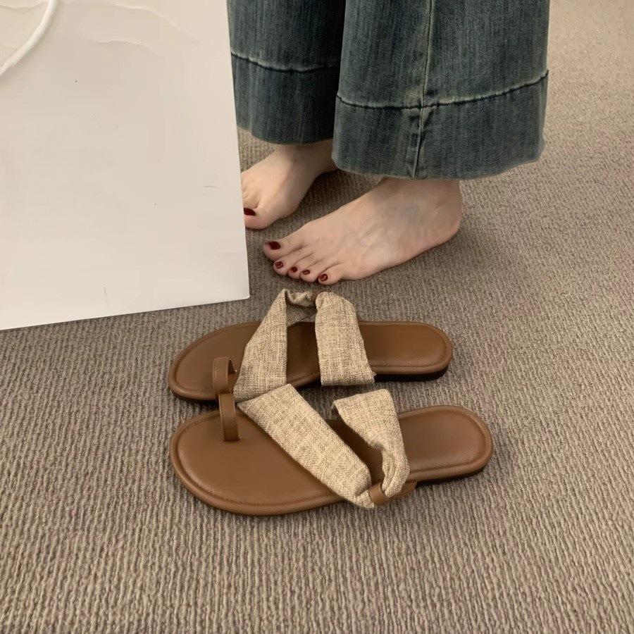 Two-way Linen One-word with Sleeve-toe Sandals Women's Summer Vacation Style Leisure Beach Roman Shoes Outside Slippers
