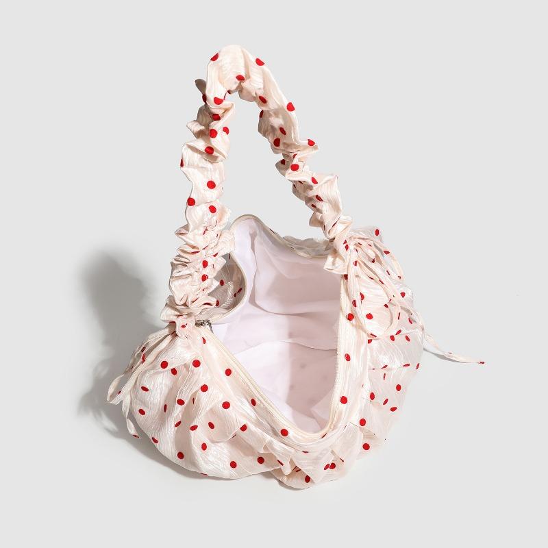 Pleated Lace Polka Dot Dumpling Bag, Drawstring Zipper Crossbody Bag, Commuter Tote Bag Casually