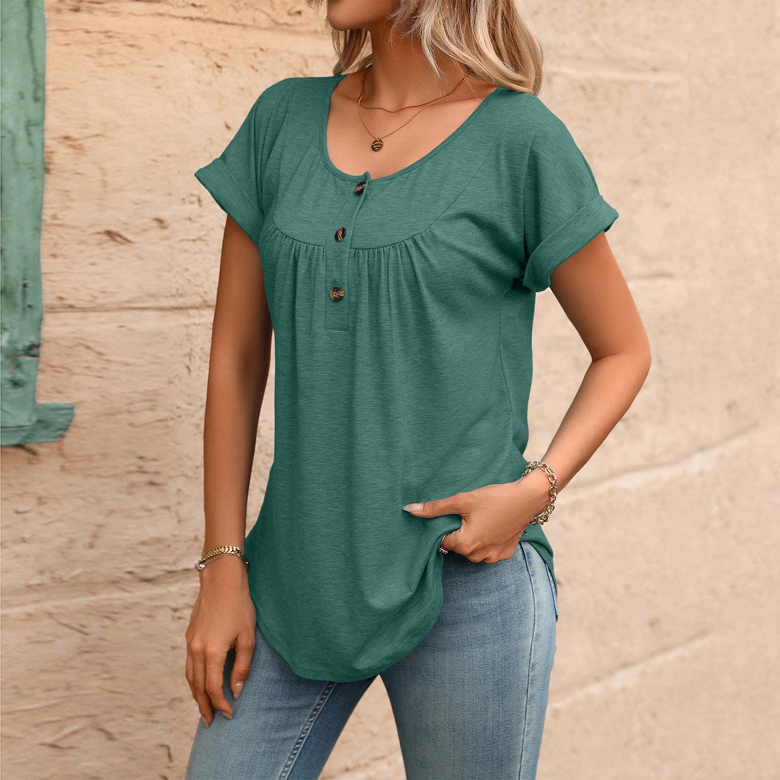 

Women’s Casual Short Sleeve Pullover T Shirt with Crew Neck and Button Loose Fit Summer Top Blouse XXL