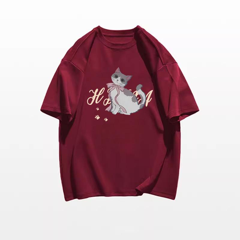 2025 Retro Cartoon Cat Cotton T-Shirt for Women - Summer Loose Fit