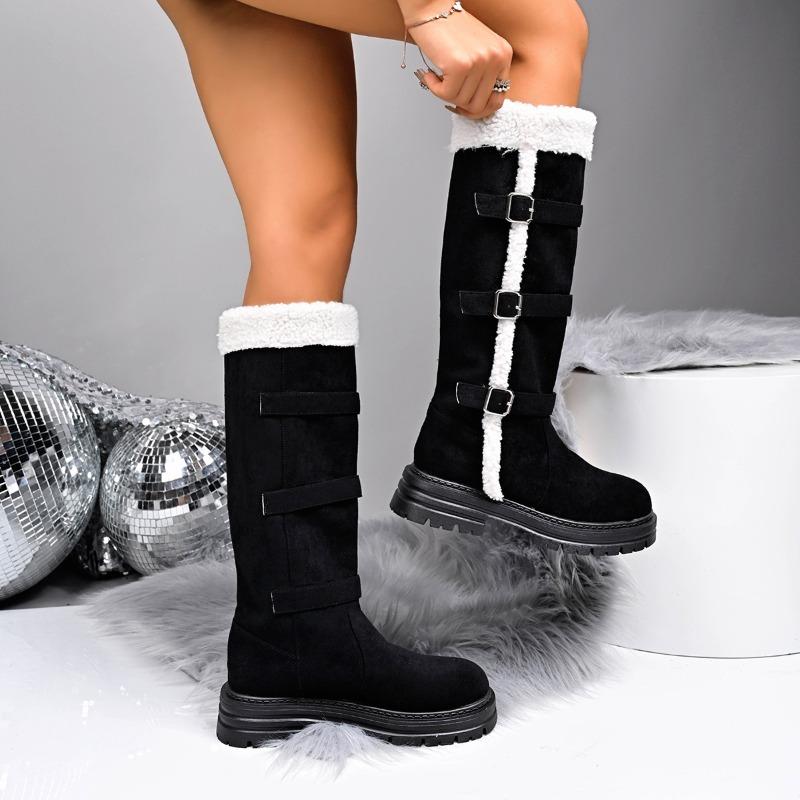 New Winter Fleece Lined Turn Over Long Boots with Buckles Fluffy Thick Snow Cotton Thigh High Boots