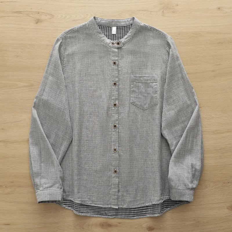 Women Striped Shirts Cotton Yarn Soft Blouses Long Sleeve Stand Collar Office Lady Tops Autumn Female Clothes