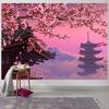 Romantic Sakura Tapestry, Japanese Temple And Pagoda With Cherry Blossoms Over Mount Fuji Wall Art For Aesthetic Room Decor