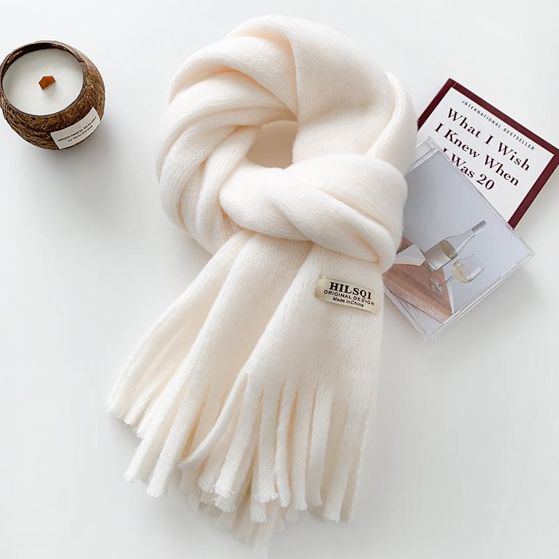 Solid Color Tassel Soft Waxy Plush Scarf for Women Autumn and Winter Plus Velvet Thickening Korean Style Versatile Couple Student Warm Scarf