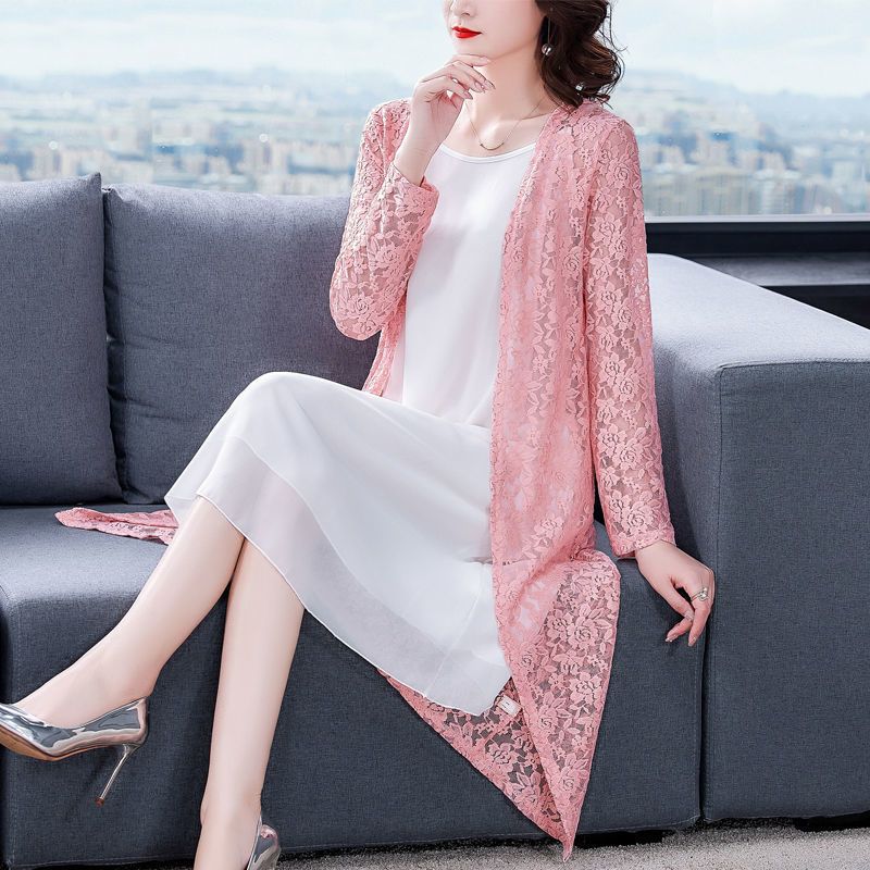 Sommer-Spitzenbluse Damen Übergröße Mittellang Dünne Schaljacke Sonnenschutzkleidung Offene Vorderseite Bluse