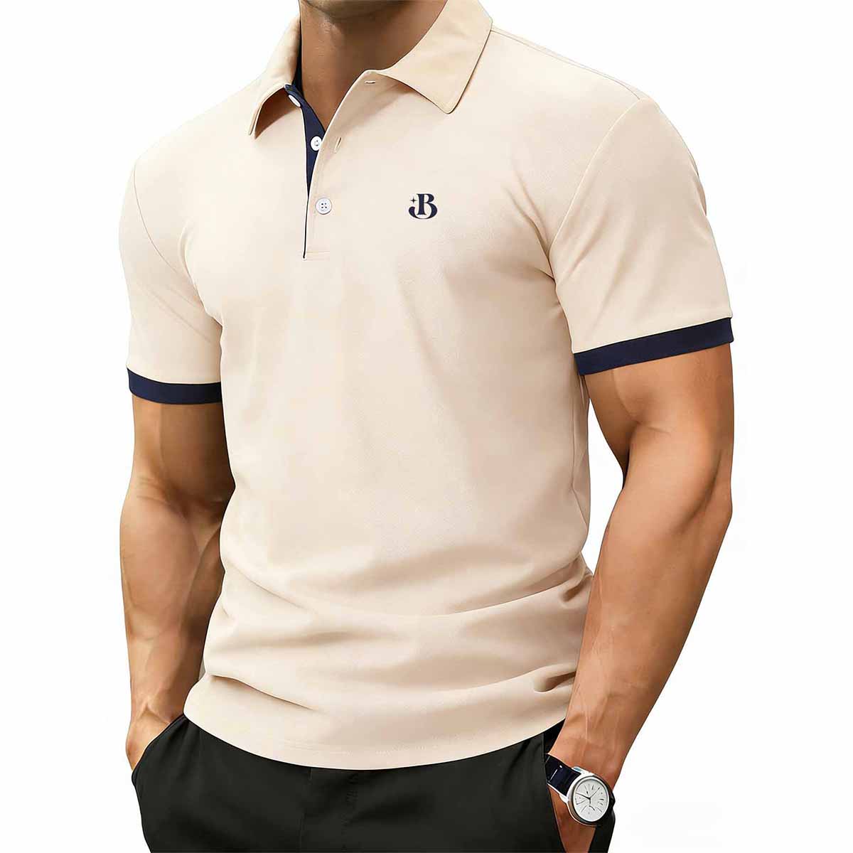 

Мужская рубашка-поло в стиле business casual, контрастного цвета, с принтом логотипа B, с коротким рукавом L бежевый
