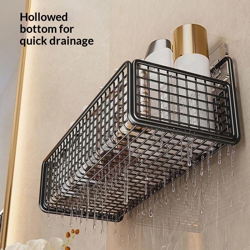 Black Iron Wall Storage Basket No Drill Sticky Hooks Rustproof Organizer for Bathroom Kitchen Pantry