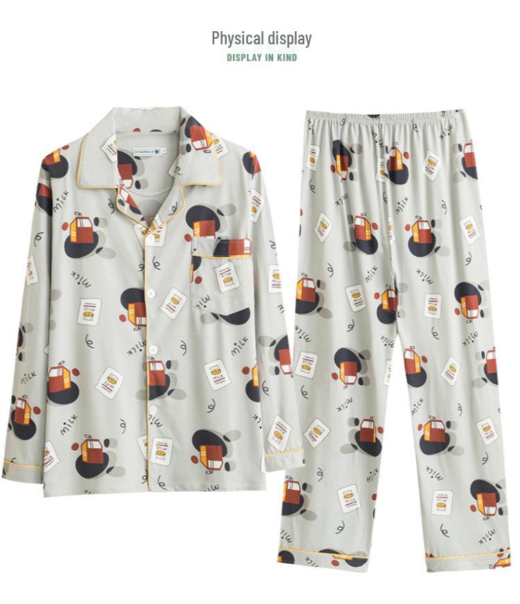 Men's Printed Long Sleeve Knit Cotton Pajama Set with Cardigan Lapel for Spring, Autumn, Winter