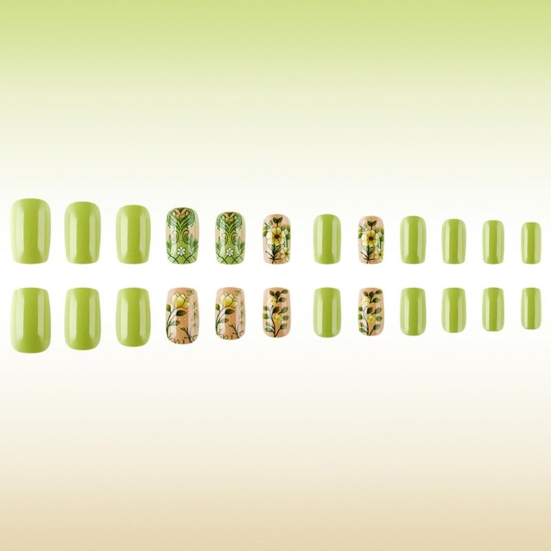 24 Stück Mittlere Quadratische Press-On Nägel Grüne Acryl-Fingernägel Glänzende Künstliche Nägel Blumen Aufkleber für Party