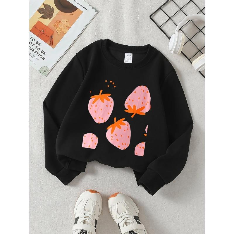 European sizes Kids' Crewneck Sweatshirt - Pink Strawberries with Orange Seeds , Sportswear And Casual Wear, Soft And Comfortable, Children's Clothing