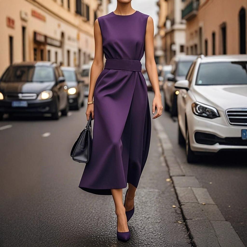 Sleeveless Round Neck Dress, High Waist Belted Wrap Split Long Sundress,Elegant Slim Fit Business Casual Party Dress Available in Multiple Colors