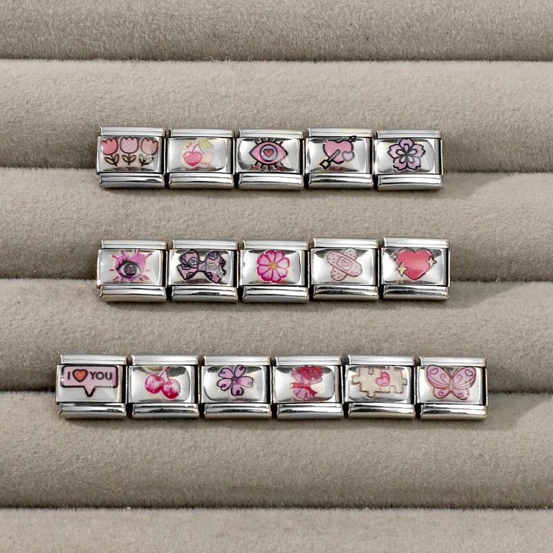 Sweet Pink Flowers Girls' Eye Cherry Star Bow Love Charm Link Fit 9mm Stainless Steel Bracelet Women Men Making DIY Jewelry Gift