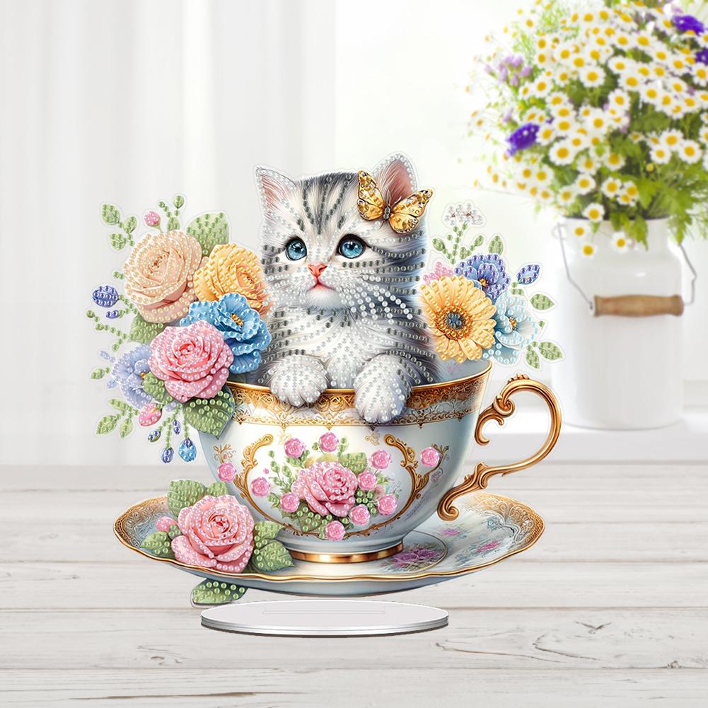 Acrylic Special Shape Floral Cat Cup Diamond Painting Tabletop Ornaments Kit Elf Girl Swan DIY Craft Crystal Painting Home Decor