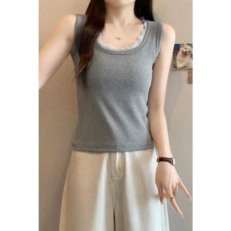 Women s U-Neck Lace Trim Ribbed Knit Sleeveless Tank Top S
