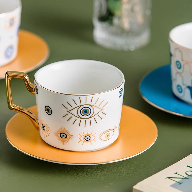 Juego de Taza de Café y Té de Cerámica con Platillo, Moda Europea Azul Ojo Maligno, 250ml, para Té de la Tarde en Casa