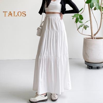 Women Maxi Skirt Elastic High Waist Ruffle Stitching Large Hem Long Skirt Solid Color A-Line Summer Casual Skirt