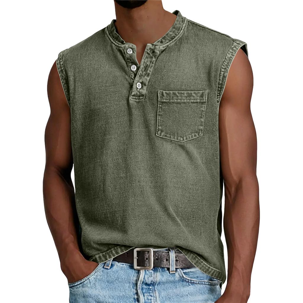 Canotta da uomo senza maniche in cotone con tasca, vestibilità casual rilassata, stile Henley, maglia sportiva per muscoli, per l'uso quotidiano