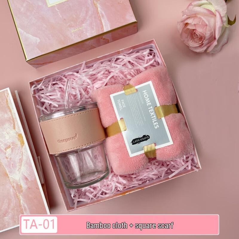 Bamboo Style Glass Cup & Towel Gift Set