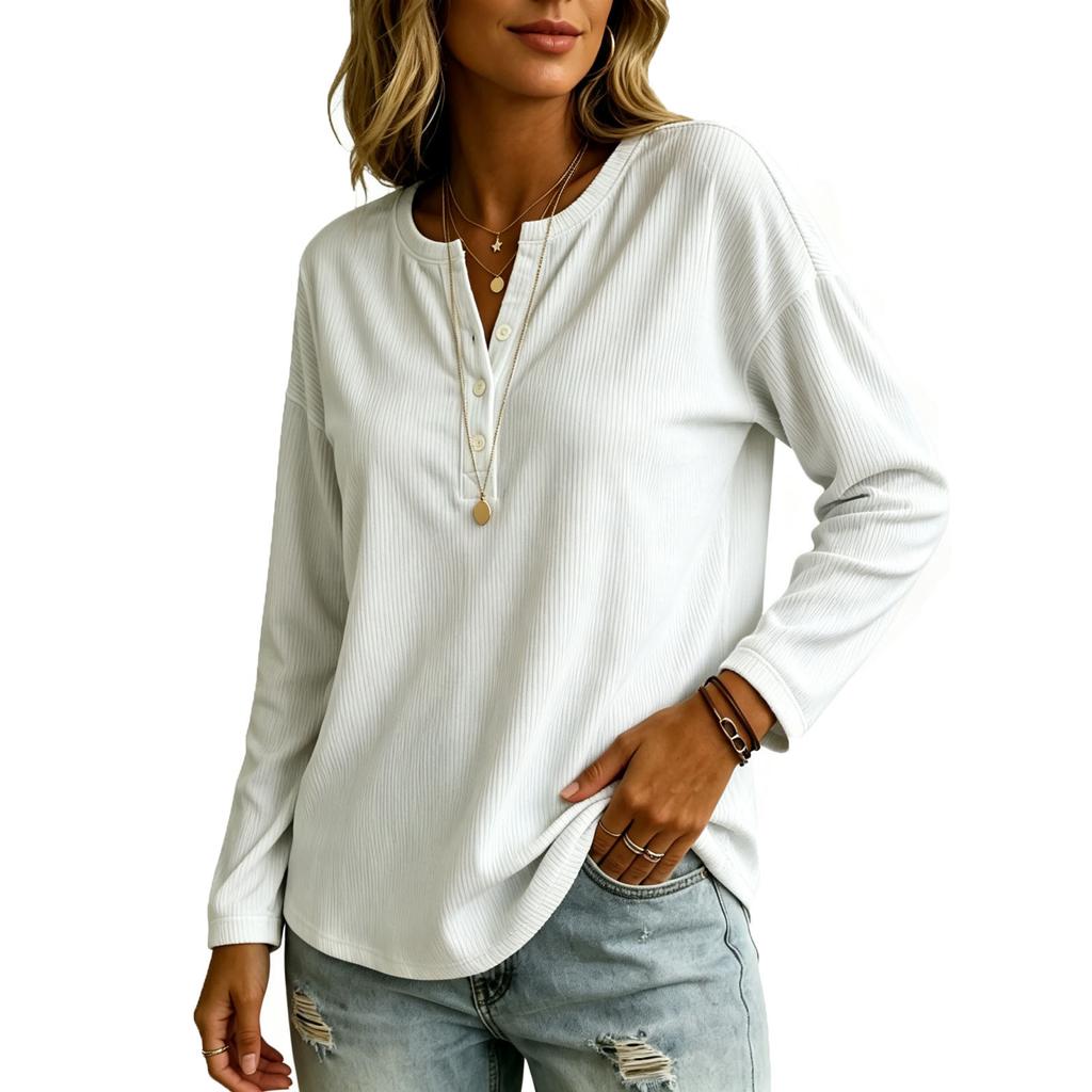 Women's Corduroy V-Neck Long Sleeve Top - Casual Loose Fit Blouse for Everyday Wear