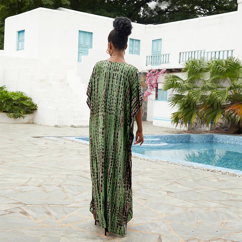 EDOLYNSA Damska artystyczna sukienka plażowa Plus rozmiar tunika w paski dekolt w kształcie litery V Tie-Dye sukienka Kaftan lekka swobodna odzież domowa Q1218