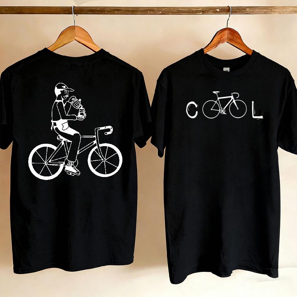 Couple Front Back Printed T Shirt Minimalist Cool Bicycle Word Front Unisex Riding Bike Holding Drink Line Art Casual Cycling Tees