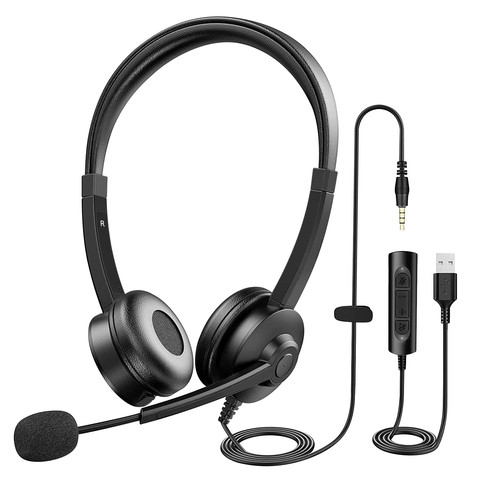 

USB Headset with Noise Cancelling Mic, 3.5mm Jack Computer Headset with In-line Call Control for Skype, Zoom, Laptop, Phone, PC, Tablet, Home
