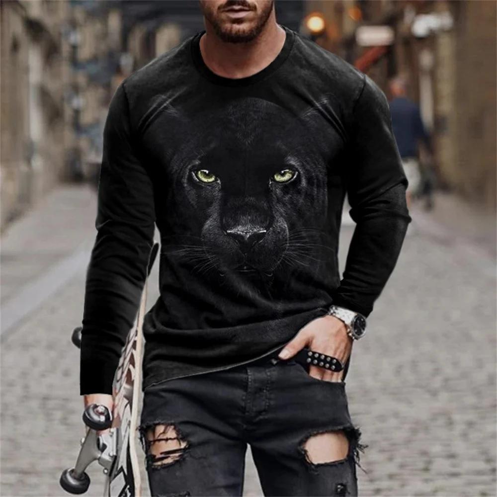 Fashionable New Animal Lion Print Men's O-neck Long Sleeved T-shirt Casual Oversized Pullover Round Neck Comfortable Top