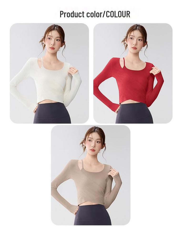 Women's Long-Sleeve Off-the-Shoulder Yoga Top with Built-in Bra - Slimming, Flattering Fit for Pilates and Fitness.