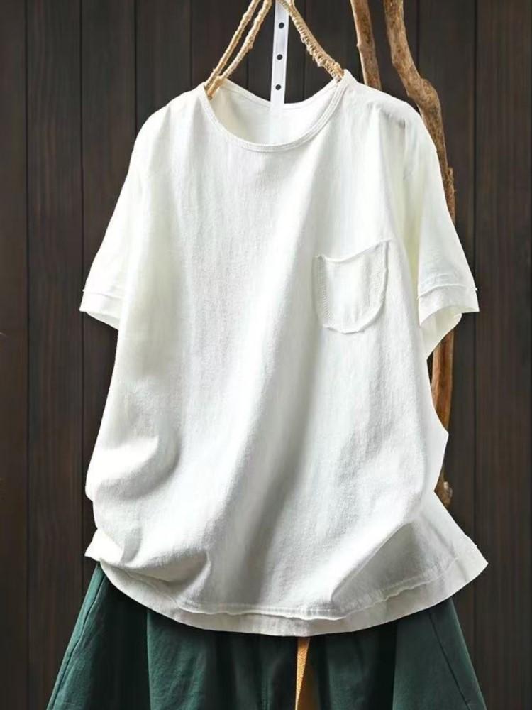 Johnature Women Vintage T-Shirts O-Neck Short Sleeve Soft Summer Patchwork Pockets Casual T-shirts Female