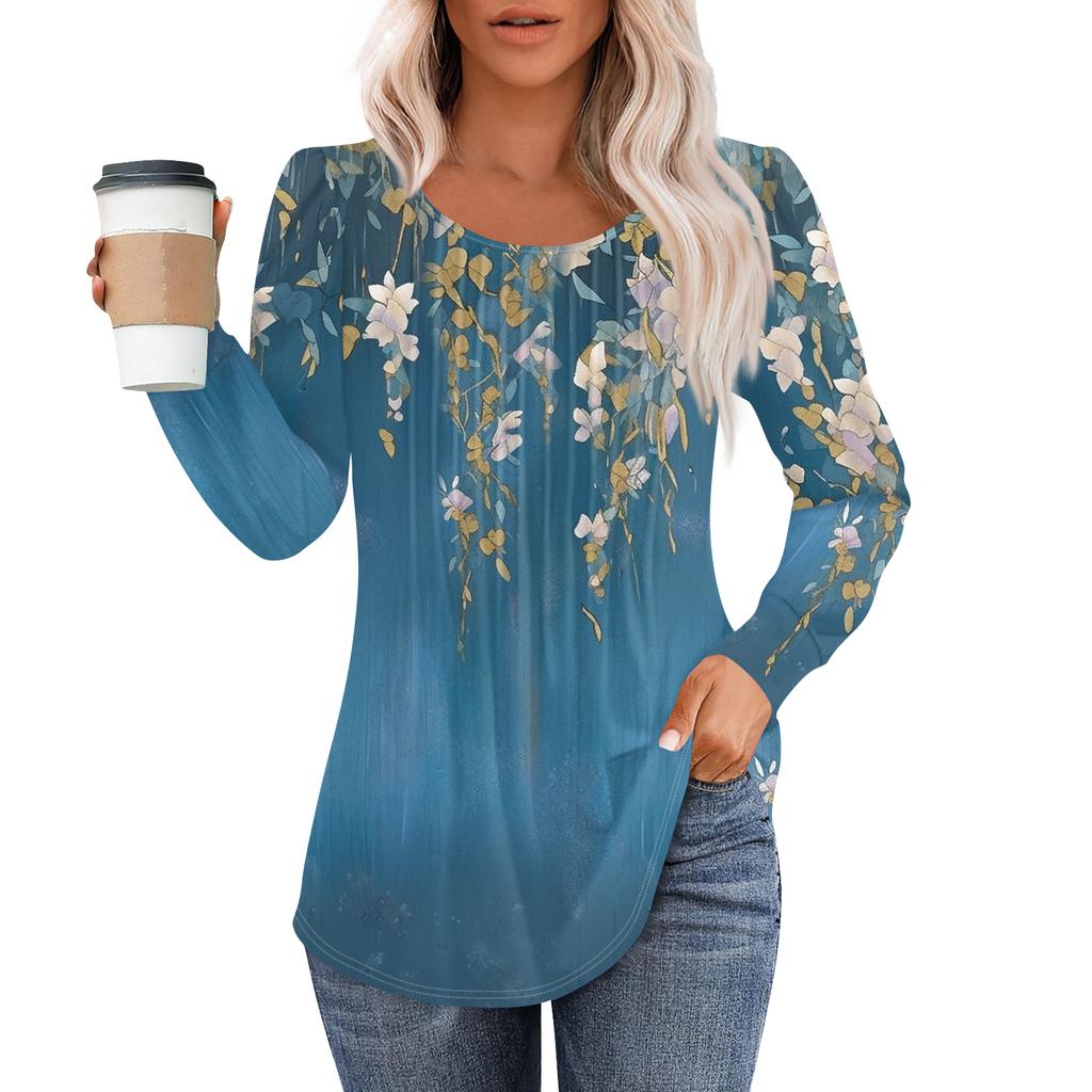 Women's Fashion Casual Pleated Round Neck Vintage Floral Print Long Sleeve T,Shirt Top