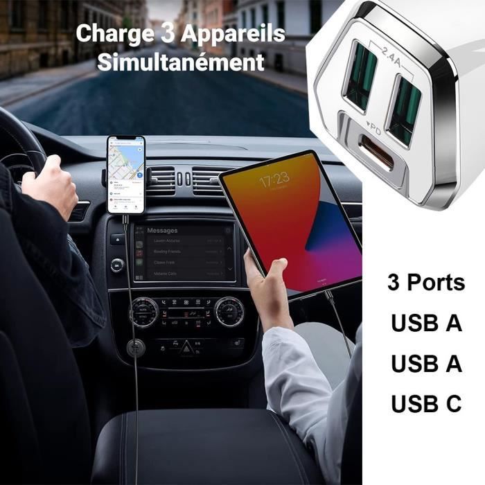 Chargeur de Voiture 3-Port USB 2,4A et USB-C PD - BOOLING - Blanc - Prise Allume-Cigare - Universel