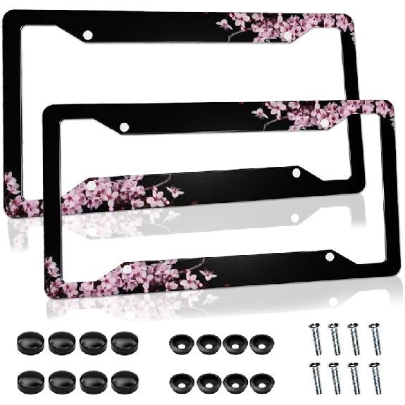 Cherry Blossom License Plate Frame Pink License Plate Cover Funny Auto Accessory Bracket Aluminum Metal Black License Plate Frames For Women Men (Set